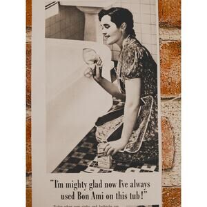 1942 Bon Ami Housewife Cleaning Bathtub "Mighty Glad" War Shortages Vtg Print Ad